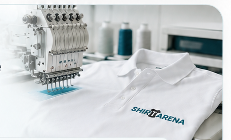 Stickmaschine und Poloshirt mit Shirt-Arena Logo