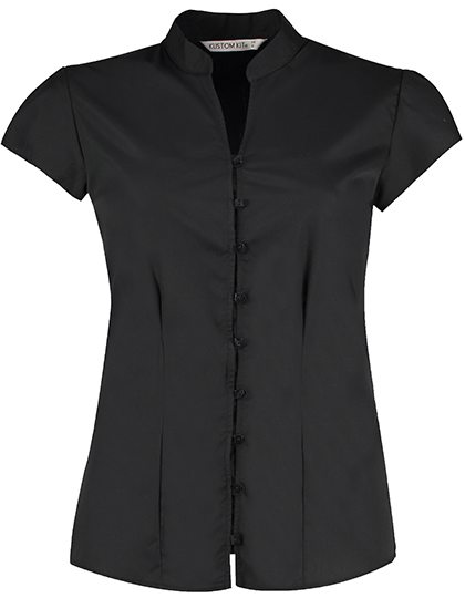 Tailored Fit Mandarin Collar Poplin Blouse Cap Sleeve Black 46 (3XL/20)
