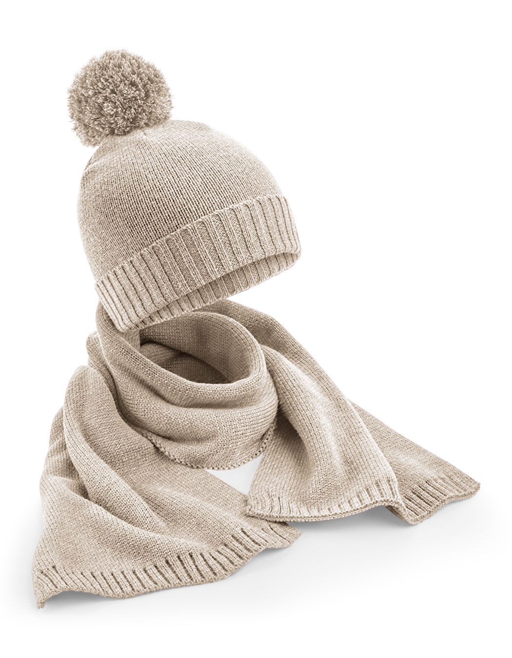 Beechfield Knitted Scarf and Beanie Gift Set Oatmeal Fleck